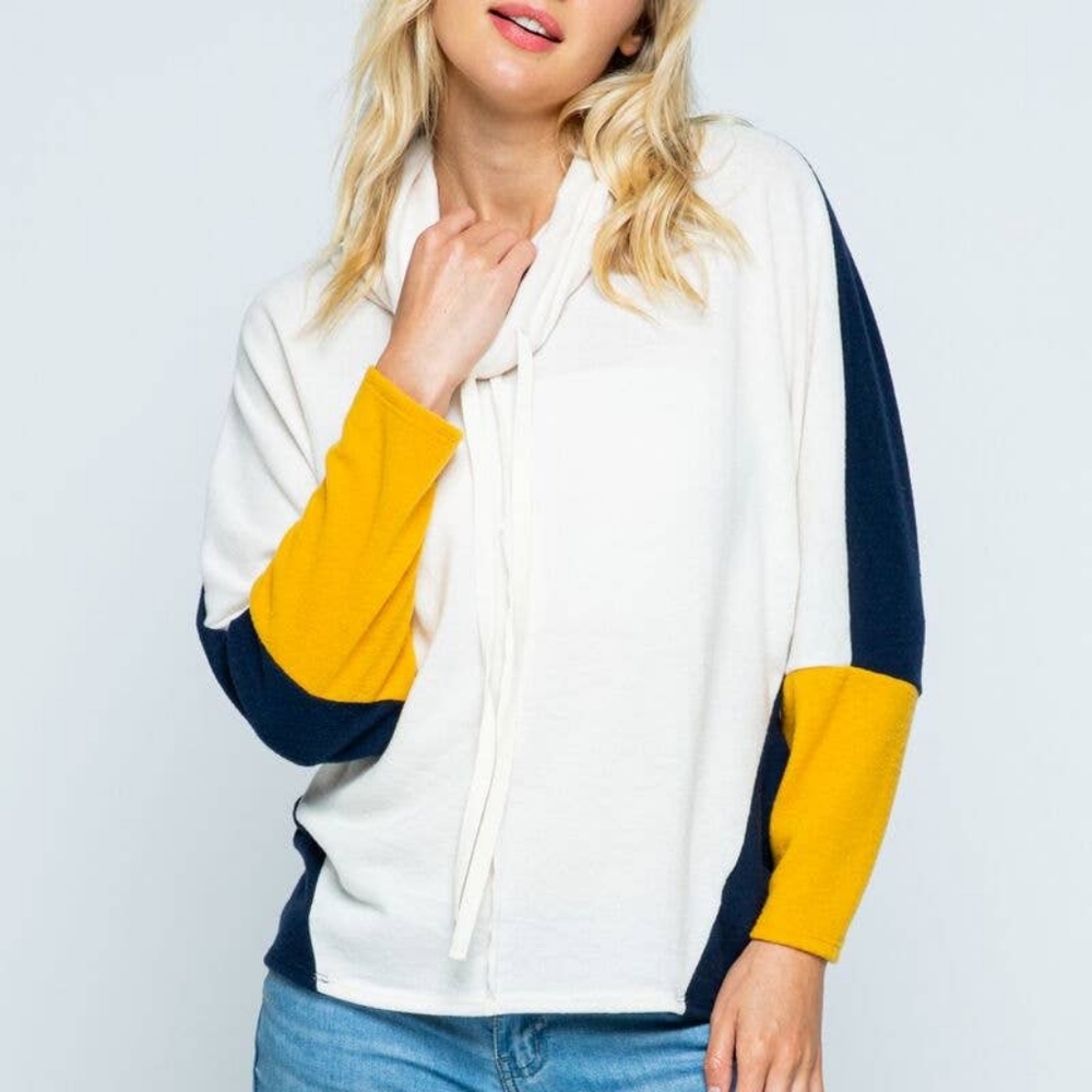 COZY COLORBLOCK COWL NECK PULLOVER